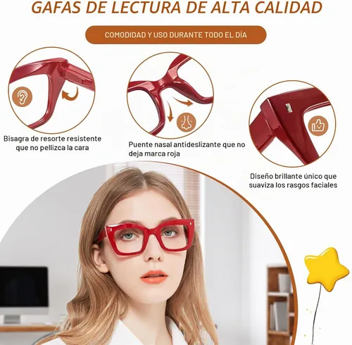 Vista 5 de OCCI CHIARI Gafas de lectura cuadradas de gran tamaño para mujer, retrogruesas, cómodas A-Rojo