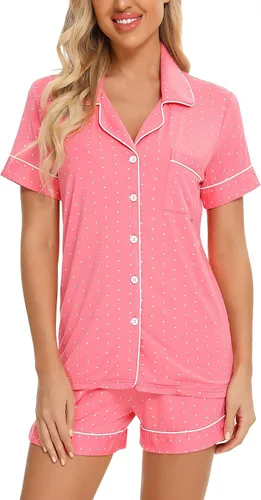 Vista 2 de Senert Conjunto de pijama para mujer, de manga corta, suave, con botones, ropa de noche, tallas S-XXL