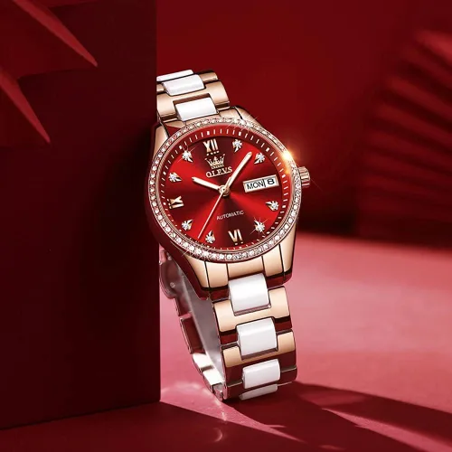 Vista 5 de OLEVS Relojes de oro rosa para mujer correa de acero inoxidable de cerámica reloj mecánico automático calendario de puntero luminoso impermeable