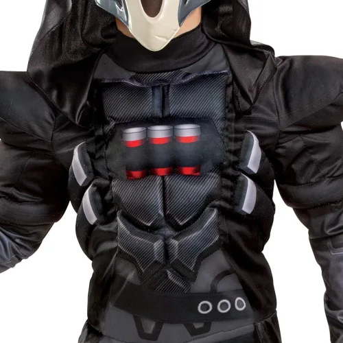 Vista 4 de Overwatch Reaper - Disfraz de personaje inspirado en videojuegos para niños, overol acolchado muscular, talla S (4-6), color negro