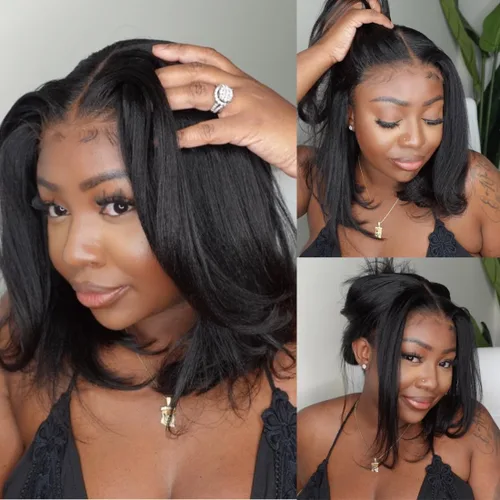 Vista 11 de UNICE Bye Bye Knots - Peluca de encaje precortada Yaki de 7 x 5, cabello humano castaño degradado, sin pegamento, previamente despuntada, nudos
