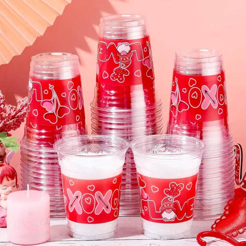Vista 8 de Meanplan 100 vasos de plástico de San Valentín de 12 onzas a granel, vasos de San Valentín a granel, vasos de corazón rosa, suministros de fiesta