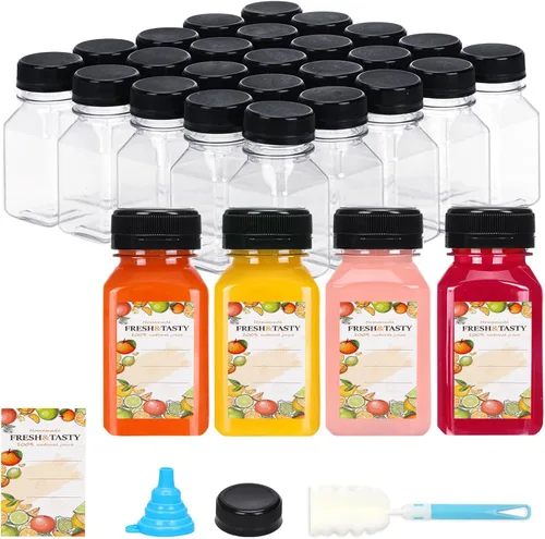 Vista 28 de TOMNK 12 botellas de plástico de 2 onzas con tapas, recipientes reutilizables transparentes a granel para bebidas de jengibre shot, jugo, leche