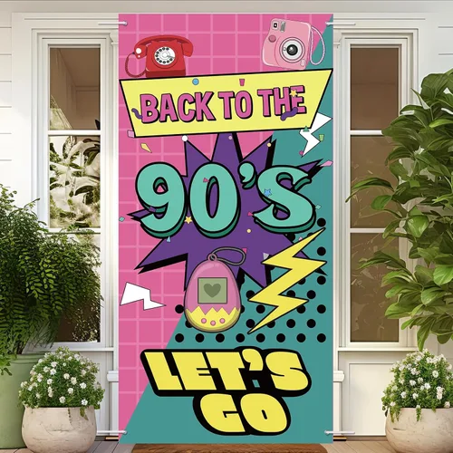 Vista 5 de Cartel de regreso a la puerta de los 90 Decoraciones retro de fiesta de los años 90 para hombres y mujeres Suministros de fiesta de telón