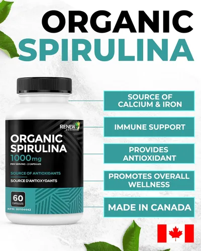 Vista 7 de Renew Actives Espirulina orgánica de 1000 mg por 2 cápsulas – Superalimento para hombres y mujeres – Apoya la energía, el bienestar y la función