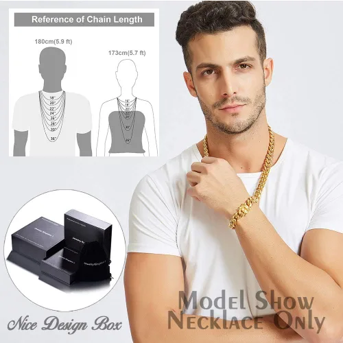 Vista 6 de Jewelry Kingdom 1 Collar o pulsera de cadena de eslabones cubanos de oro para hombre, 0.591 in, acero inoxidable de 18 quilates, gruesas y gruesas