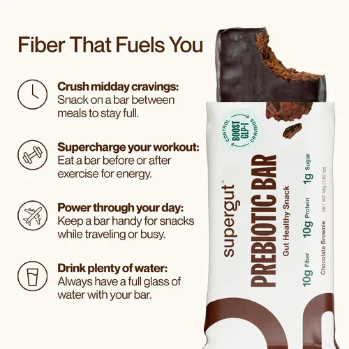 Vista 8 de Supergut Barras Prebióticas Potenciadoras de GLP-1, Brownie de Chocolate - Bocadillos de Proteína Saludables para el Intestino y Barras de Desayuno