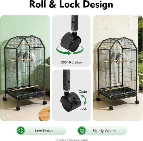 Vista 4 de Jaula grande para pájaros con tragaluz abierto, soporte rodante y 5 puertas, jaulas móviles para loros, jaula de vuelo para pájaros de mascotas