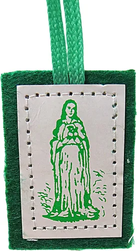 Vista 3 de Needzo Escapularios verdes con respaldo de lana católico, Escapulario de un solo panel con imagen del corazón ardiente y la Santísima Virgen María