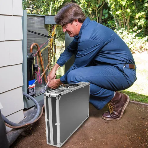 Vista 4 de Yardwe Caja de aluminio Caja de herramientas portátil Estuche rígido con espuma protege herramientas electrónicas Instrumentos de prueba Cámaras