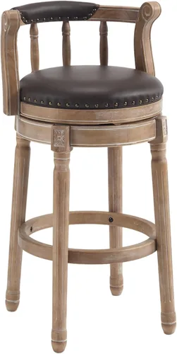 Vista 10 de RAINMOOD Taburetes de bar giratorios de cuero genuino beige mostrador de barra de madera con reposapiés para cocina, comedor, sala de estar