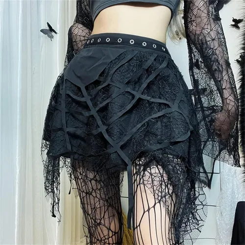 Vista 7 de TOMETO STAR Faldas irregulares de malla para mujer, con cremallera de pentagrama, punk gótica, oscuridad, falda casual suelta para club
