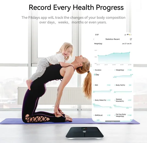 Vista 6 de Báscula inteligente, báscula de grasa corporal de alta precisión con pantalla LCD TFT, báscula de baño para peso corporal, báscula de peso digital