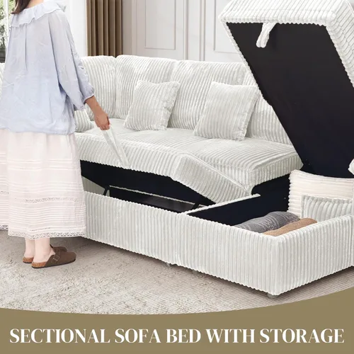 Vista 8 de Sofá cama modular de 110 pulgadas con cama extraíble, diván de almacenamiento y carga USB, sofás seccionales de pana de felpa en forma de U beige