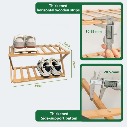 Vista 2 de Zapatero de bambú de 2 niveles, estante de almacenamiento de zapatos plegable portátil, sin instalación, pequeño zapatero perfecto para pasillos