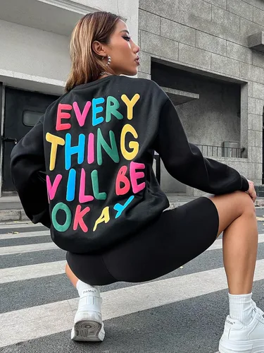 Vista 5 de SOLY HUX Sudadera de manga larga con cuello redondo y estampado de letras para mujer