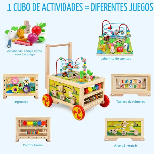 Vista 2 de Cubo de actividades de madera 7 en 1, juguete Montessori, juguete educativo multipropósito de aprendizaje para bebé niño pequeño niño de 1+ año