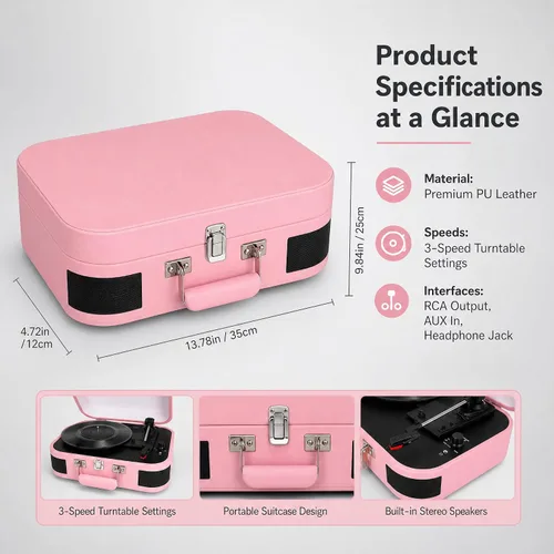 Vista 9 de Vintage Suitcase - Tocadiscos portátil Bluetooth de 3 velocidades con altavoces integrados, para discos de vinilo de 7/10/12 pulgadas (rosa)