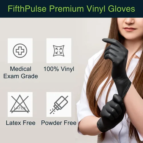 Vista 5 de FifthPulse Guantes desechables de vinilo negro - Guantes de examen médico sin polvo y látex