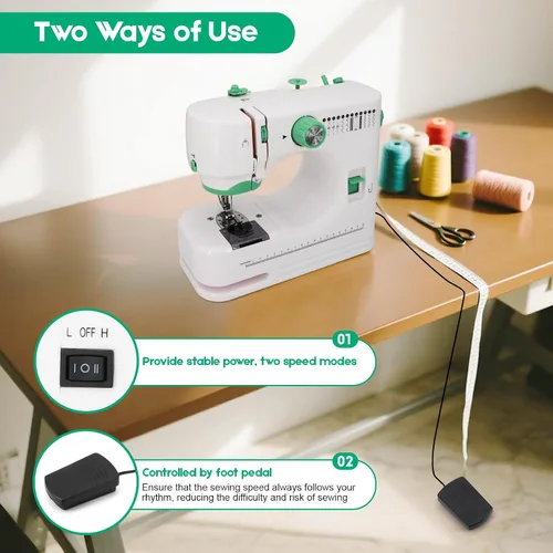 Vista 6 de Máquina de coser para principiantes con 12 puntadas integradas, 6 pies incluidos, máquina de coser portátil con pedal de pie, velocidades altas-bajas
