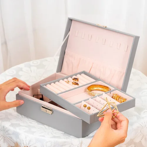 Vista 2 de Smileshe Joyero para mujeres y niñas, organizador de piel sintética con cerradura, 2 capas extraíbles de almacenamiento de viaje para anillos