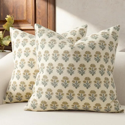 Vista 9 de Juego de 2 fundas de almohada florales de 20 x 20 pulgadas, fundas de almohada con diseño botánico campestre para sofá, cama, sala de estar, fundas