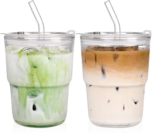 Vista 8 de Vaso reutilizable de 13 onzas para café helado con tapas, vaso transparente para agua, paquete de 2 vasos de vidrio con popote y tapa, vaso