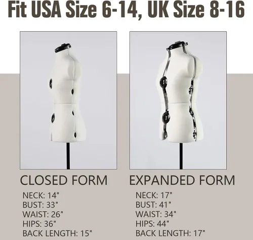 Vista 2 de Maniquíes de vestido ajustable beige para costura femenina, tamaño pequeño 6-14 y tamaño grande 12-18, modelo de algodón con 13 diales, base