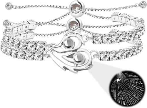 Vista 10 de Pulseras de proyección en 100 idiomas con texto en inglés "I Love You", 2 pulseras a juego con rompecabezas de corazón de amor de 0.118 in