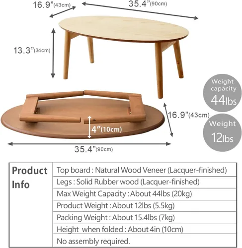 Vista 2 de EMOOR Mesa de centro plegable de madera, Samll (17" Dx35 W) Nogal