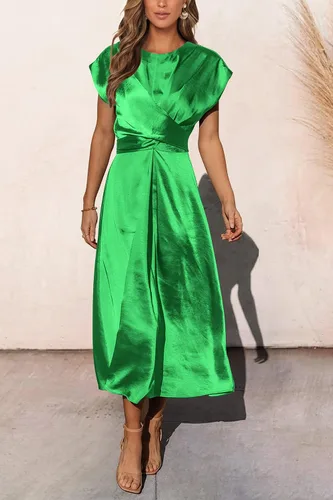 Vista 2 de PRETTYGARDEN Vestido midi de satén de verano 2023 para mujer, manga casquillo, lazo en la cintura, elegante, vestido acampanado
