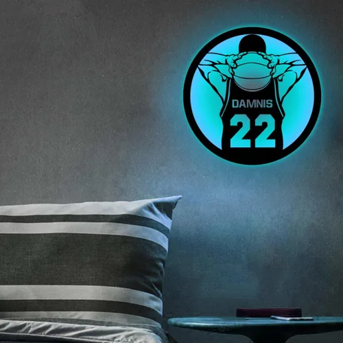 Vista 6 de Letrero de metal personalizado para jugador de baloncesto con luz LED, nombre y número personalizados, arte de pared de baloncesto, decoración