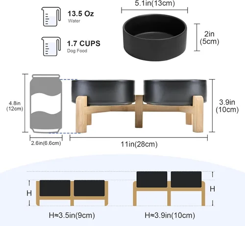 Vista 2 de SPUNKYJUNKY Cuencos elevados de cerámica para perros, 5.1 pulgadas, para comida de perros y gatos, cuencos elevados con soporte de bambú Negro