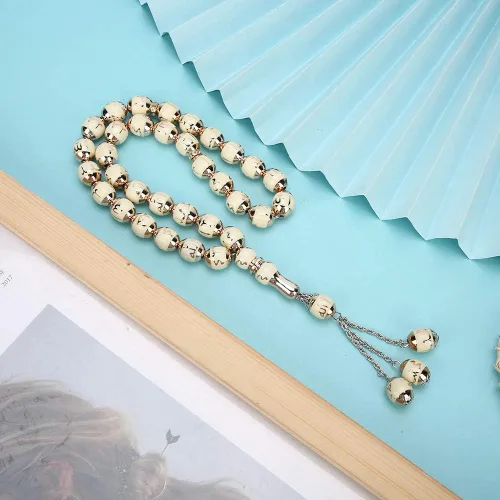 Vista 4 de HEEPDD Cuentas de oración musulmana de 13.8 in de longitud y 0.472 in, pulsera Tasbih beige, 33 cuentas de conteo preciso de Dhikr para uso diario