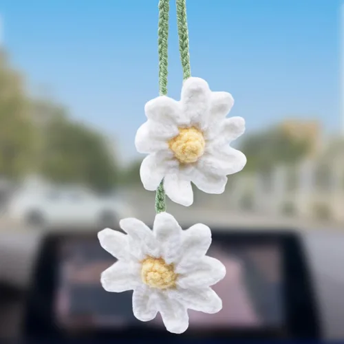 Vista 12 de Accesorios para colgar espejos de automóvil, colgante de flor de lirio tejido hecho a mano, bonita decoración colgante de ganchillo para espejo