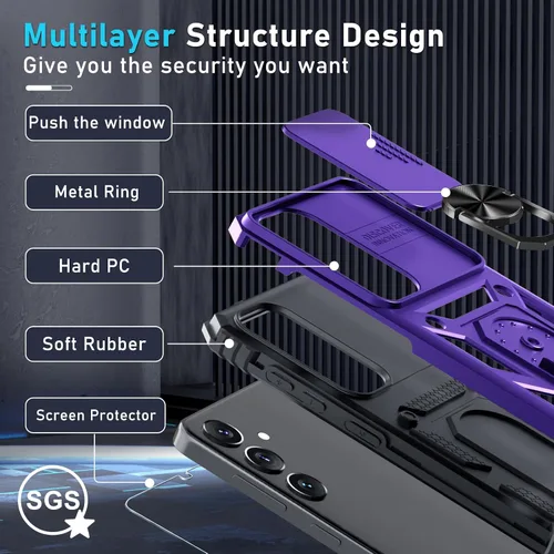 Vista 4 de Janmitta Compatible con Samsung Galaxy S24 FE Funda con Cubierta Deslizante Integrada para Lente de Cámara+Protector de Pantalla+Soporte de Anillo