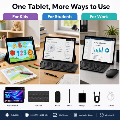 Vista 10 de Jeazans Tablet Android 16 de 10.1 pulgadas, paquete de tableta 2 en 1 con teclado, mouse inalámbrico, lápiz capacitivo, funda de cuero, cámara