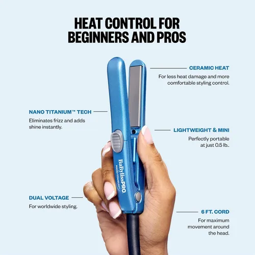 Vista 5 de BaBylissPRO Nano Titanium Mini Flat Iron Hair Straightener, 0.5" Hair Straightener Iron for Touch Ups & All Hair Types, Perfect for Travel