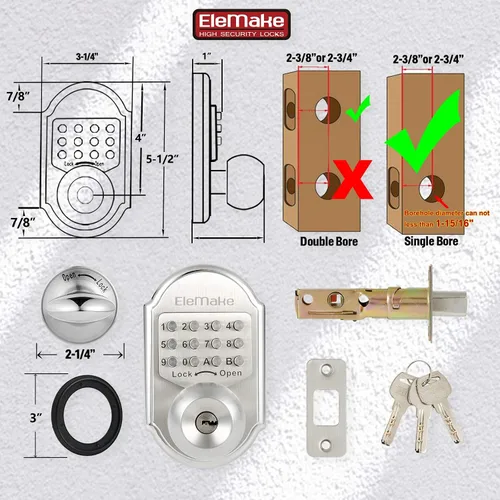Vista 7 de Cerradura de puerta de entrada sin llave, cerrojo de acero inoxidable 304, combinación digital mecánica, doble seguridad (código de paso o llaves)