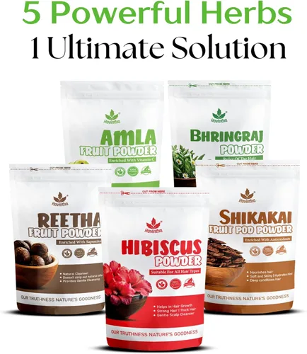 Vista 2 de Havintha Amla, Reetha, Shikakai, Bhringraj e Hibiscus en polvo para el cuidado del cabello (cada uno 1.76 oz)