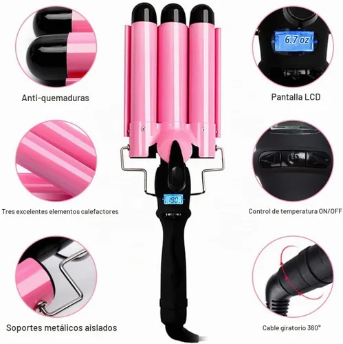 Vista 3 de Plancha rizadora de 3 barriles de cerámica con pantalla LCD y herramienta de doble voltaje para mujeres, ondas de playa con temperatura ajustable