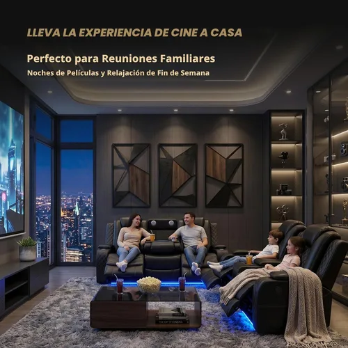 Vista 4 de Juego de sofá reclinable eléctrico, sofás reclinables de cuero negro, 3 piezas de sofá reclinable de cuero de aire y silla de dos plazas con luces