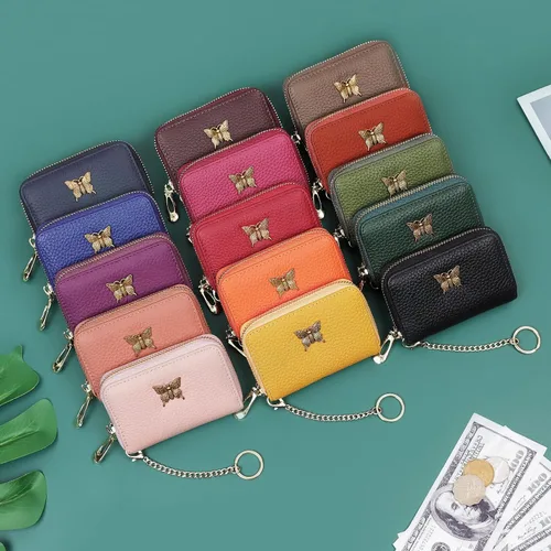 Vista 6 de imeetu Portatarjetas de crédito RFID para mujer, pequeña cartera de cuero con cremallera con llavero extraíble, púrpura café, S, Cartera