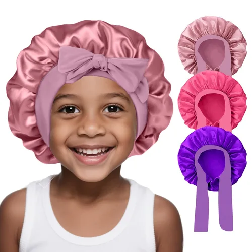 Vista 15 de 3 Piezas Gorros de Seda para Niños para Dormir - Gorro de Satén para Bebé para Dormir, Gorros de Cabello para Niños para Cabello Rizado Niñas Niños