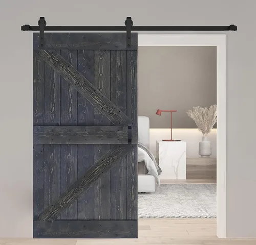 Vista 28 de Serie K. Puerta corredera de granero de madera maciza acabada con kit de herrajes (marrón/nogal, 24 x 84 pulgadas)
