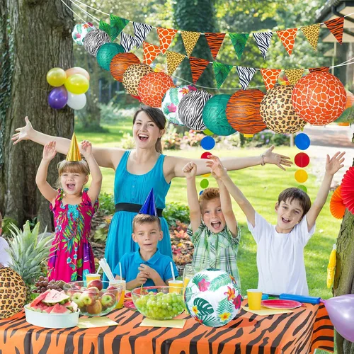 Vista 5 de Buryeah Juego de 20 piezas de decoración de cumpleaños con temática de selva, 12 linternas de papel con estampado de animales, 6 fundas de mesa