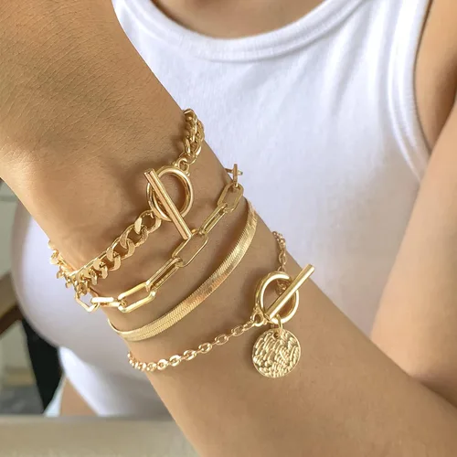 Vista 3 de Gold Bracelets for Women Dainty Boho Stackable Bracelet Set Gold Chunky Layered Link Bangle for Women