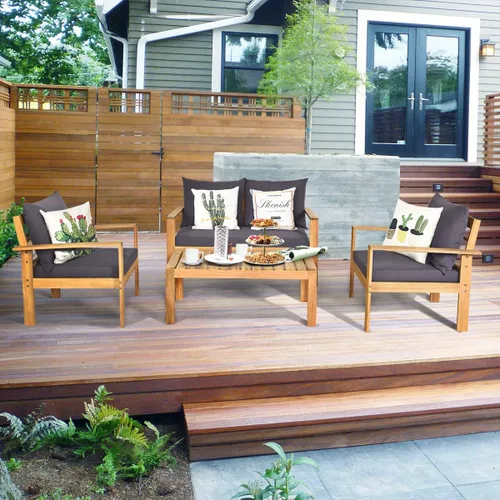Vista 2 de COSTWAY Juego de 4 sofás de madera de acacia para exteriores, juego de sofá de conversación al aire libre con mesa y cojines, sillas de porche