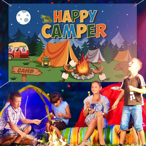Vista 5 de Tatuo Telón de fondo de campamento Happy Camper - Fondo de fotos para colgar en la pared para niños, niños, adolescentes, suministros de fiesta