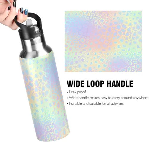 Vista 4 de ALAZA Botella de agua con estampado de leopardo y arco iris con tapa de pajilla, aislamiento al vacío, botella térmica de acero inoxidable de 20